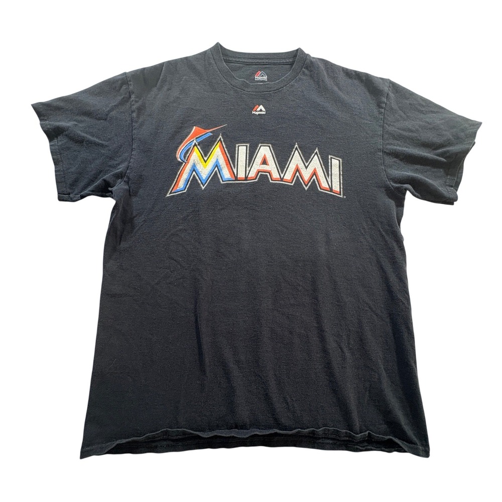 Majestic Miami Marlins T Shirt Mens Large Giancarlo Stanton 27 Black MLB Tee